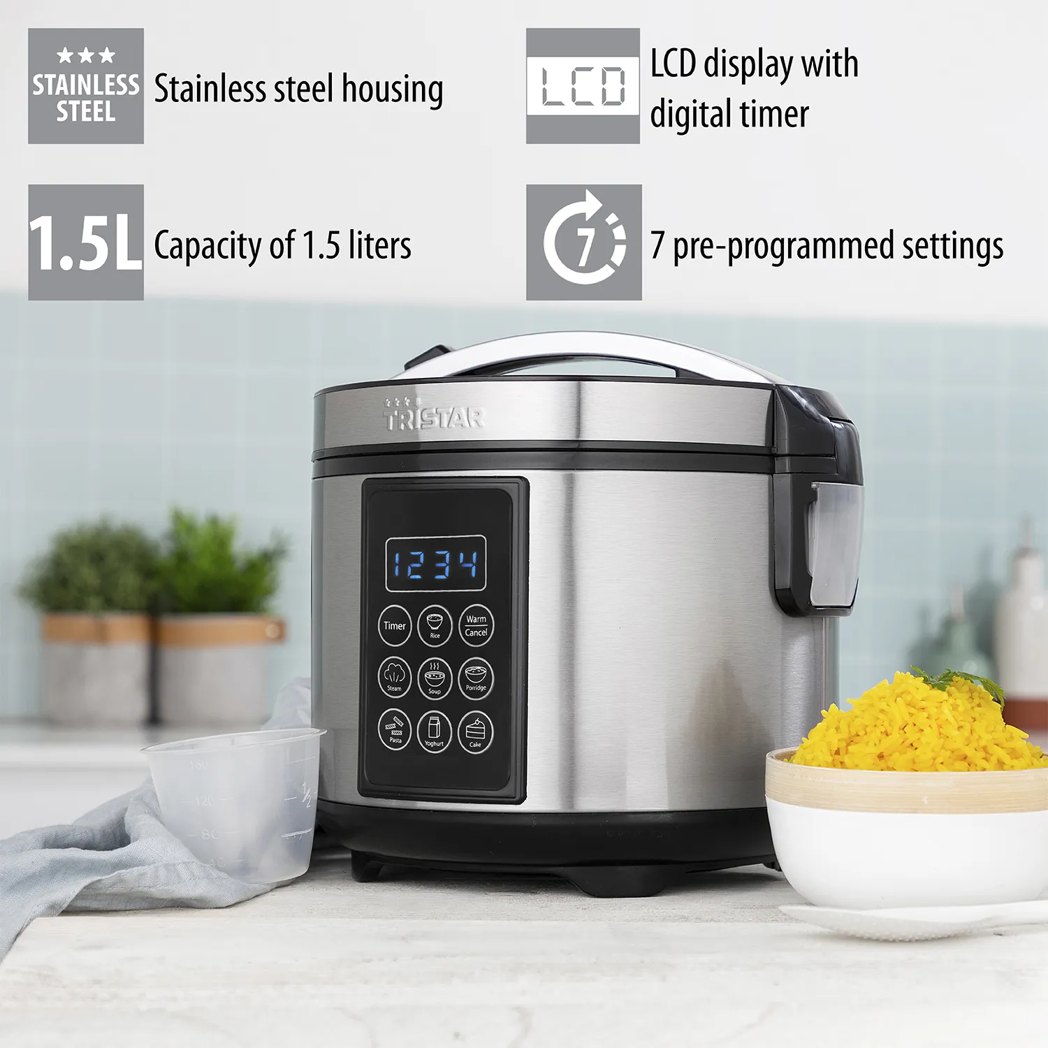 Tristar RK-6132 Digital riskokare och multicooker, 1,5 L, 500 W, Svart/Rostfritt st&aring;l
