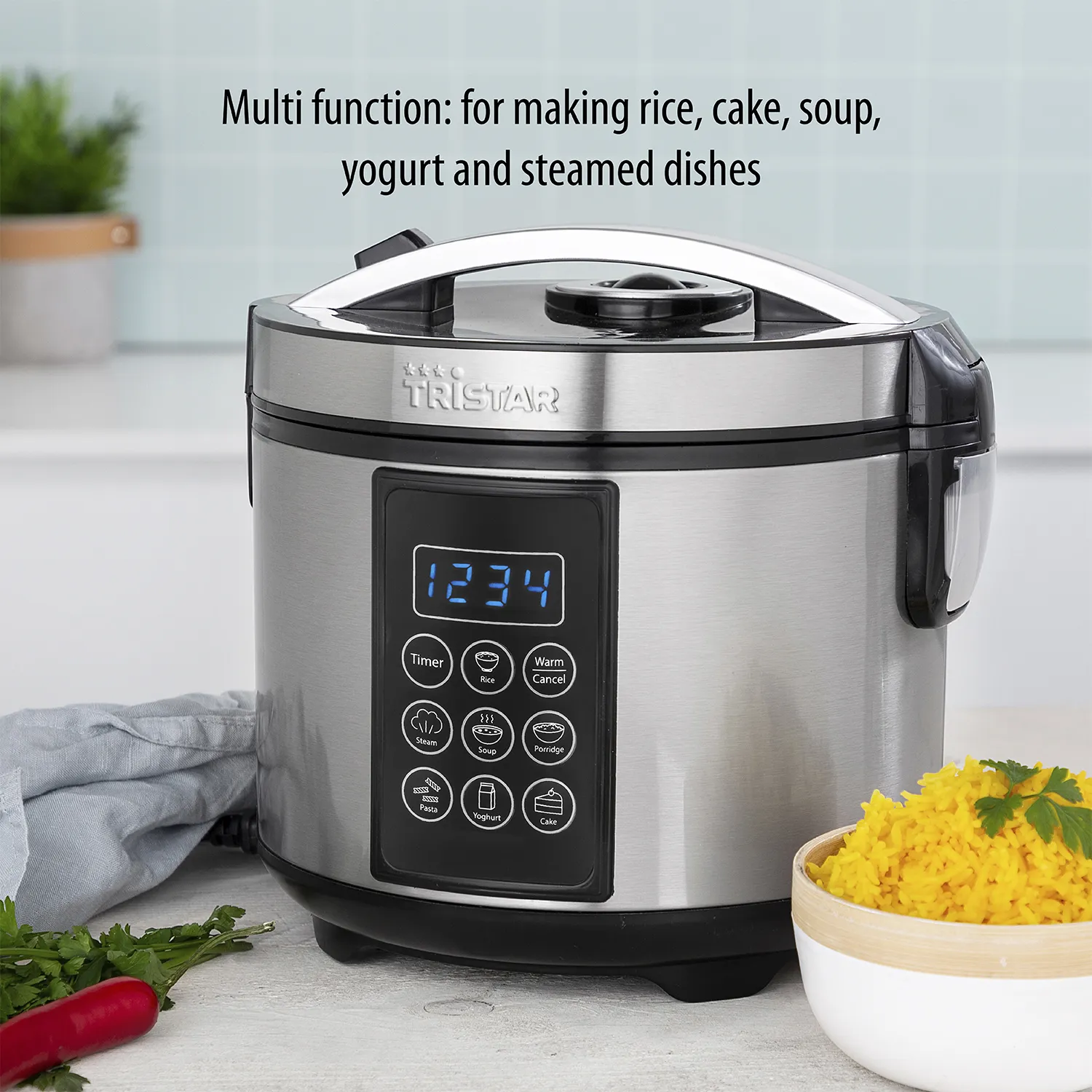Tristar RK-6132 Digital riskokare och multicooker, 1,5 L, 500 W, Svart/Rostfritt st&aring;l