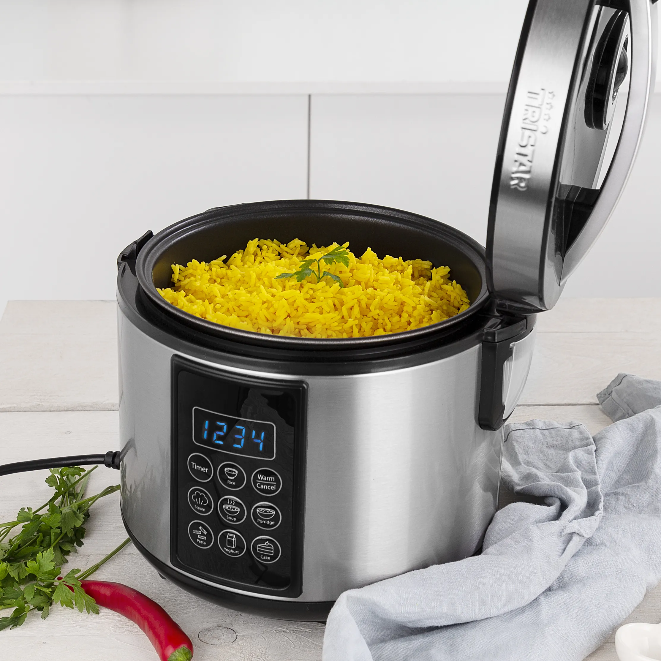 Tristar RK-6132 Digital riskokare och multicooker, 1,5 L, 500 W, Svart/Rostfritt st&aring;l