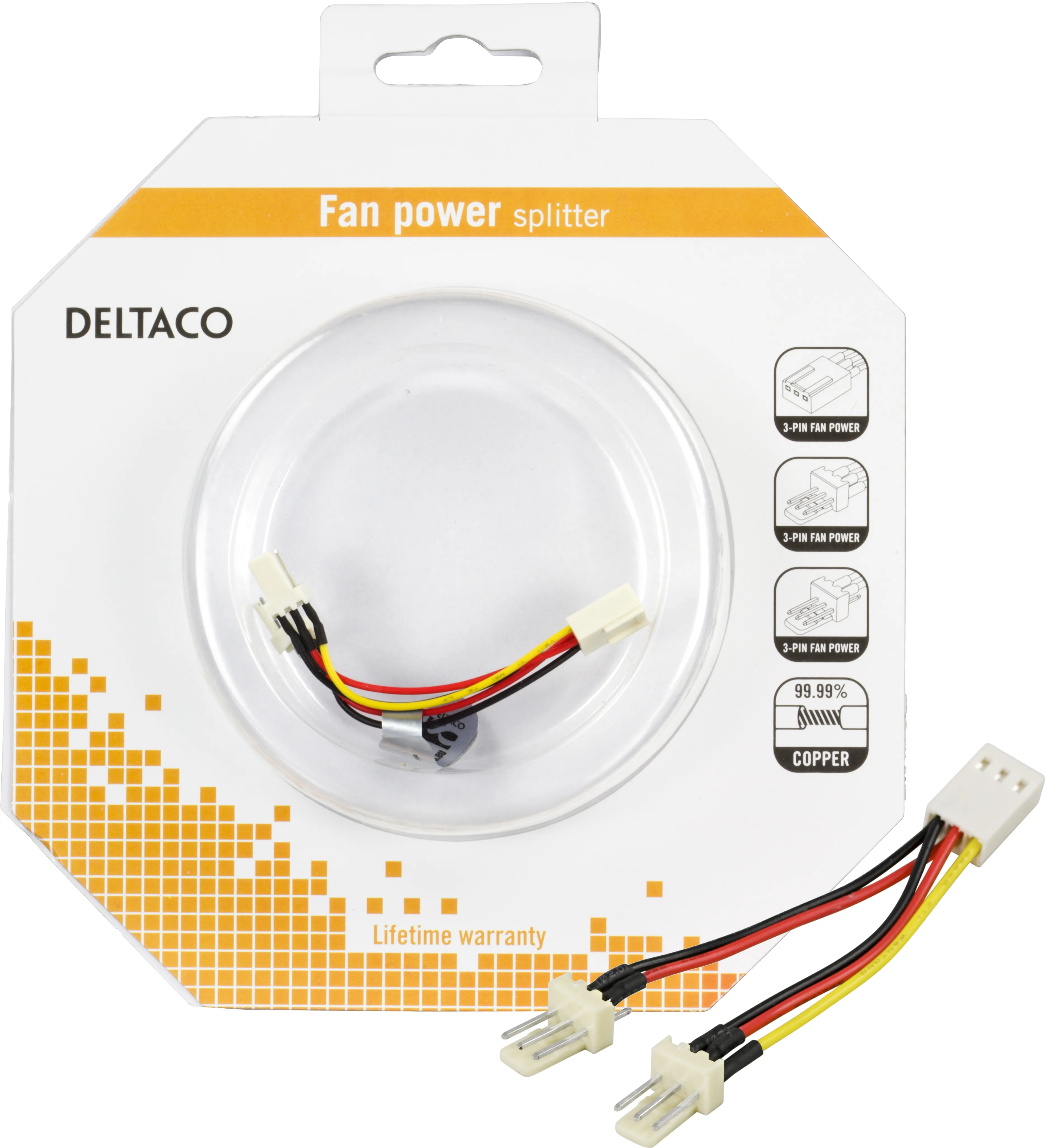 DELTACO jakaja tuulettimille, joissa 3-pinin liitos,