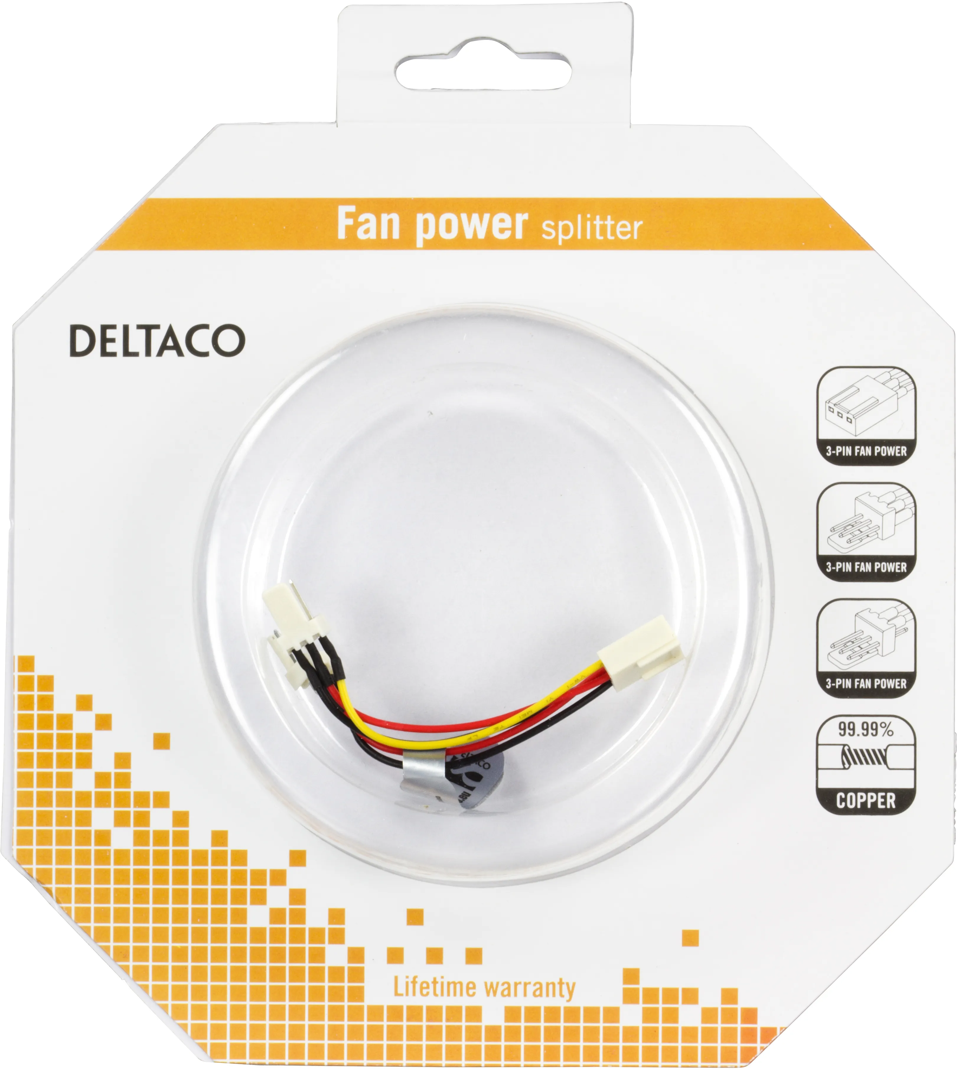 DELTACO jakaja tuulettimille, joissa 3-pinin liitos,