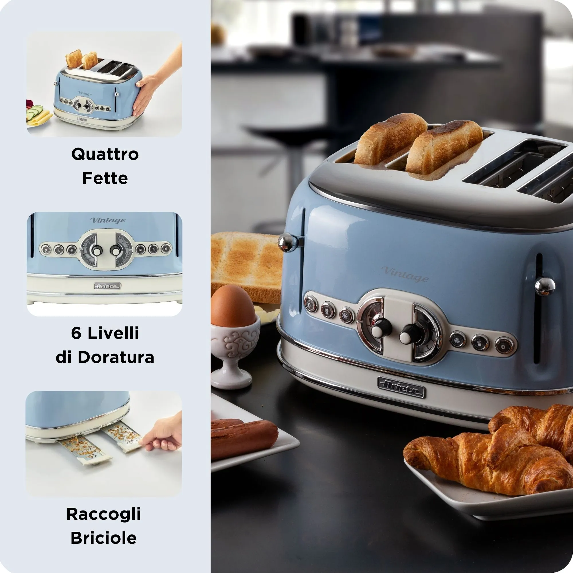 Ariete Vintage 156 toaster, 4 slices, Light Blue