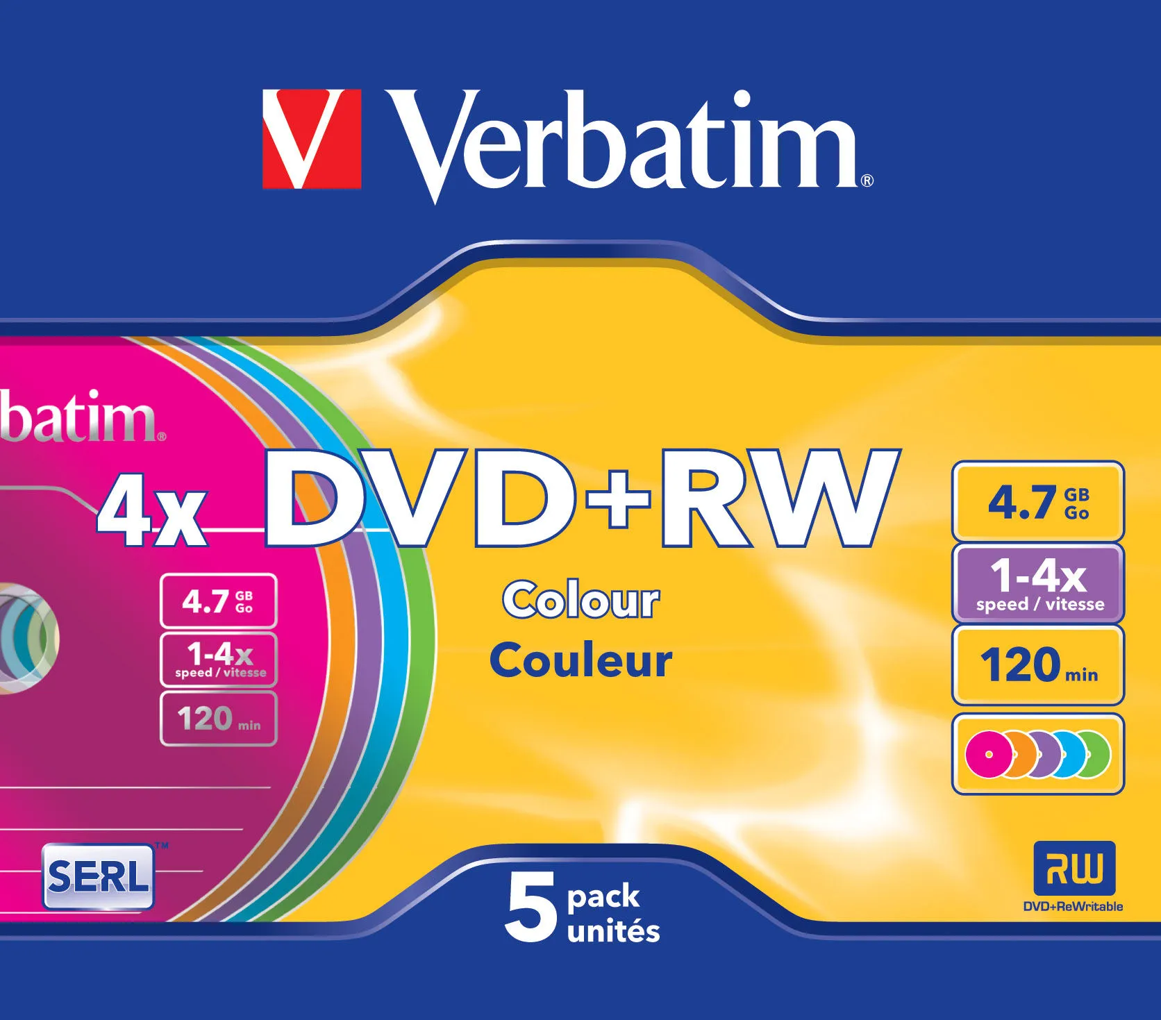 VERBATIM DVD+RW LEVY 5kpl 4,7GB DVD+RW 4X Verbatim, Colour 5 pk slim Retail -