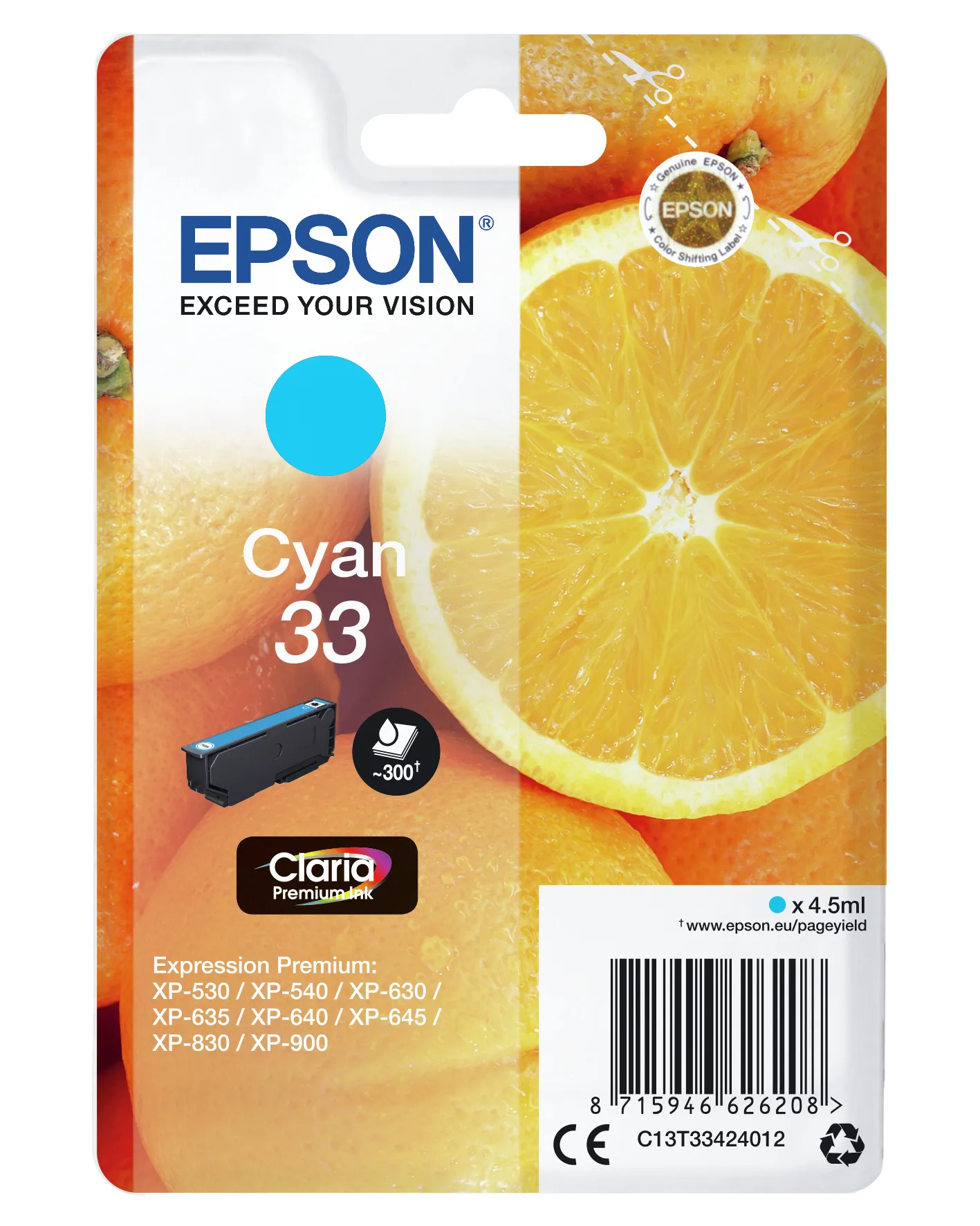 Epson 33 - 4.5 ml - sinivihre&auml; - alkuper&auml;inen - blister RF:ll&auml;/&auml;&auml;nih&auml;lyttimell&auml; - mustepatruuna malleihin Expression Home XP-530, 630, 635, 830, Expression Prem