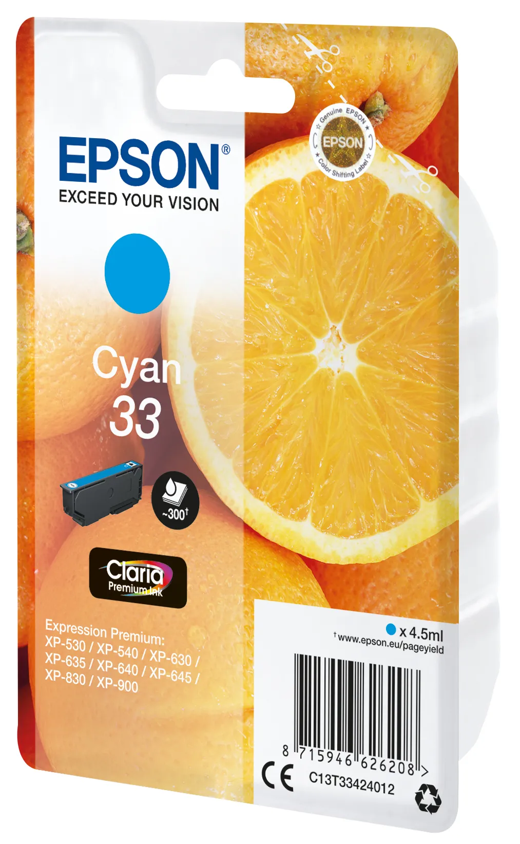 Epson 33 - 4.5 ml - sinivihre&auml; - alkuper&auml;inen - blister RF:ll&auml;/&auml;&auml;nih&auml;lyttimell&auml; - mustepatruuna malleihin Expression Home XP-530, 630, 635, 830, Expression Prem