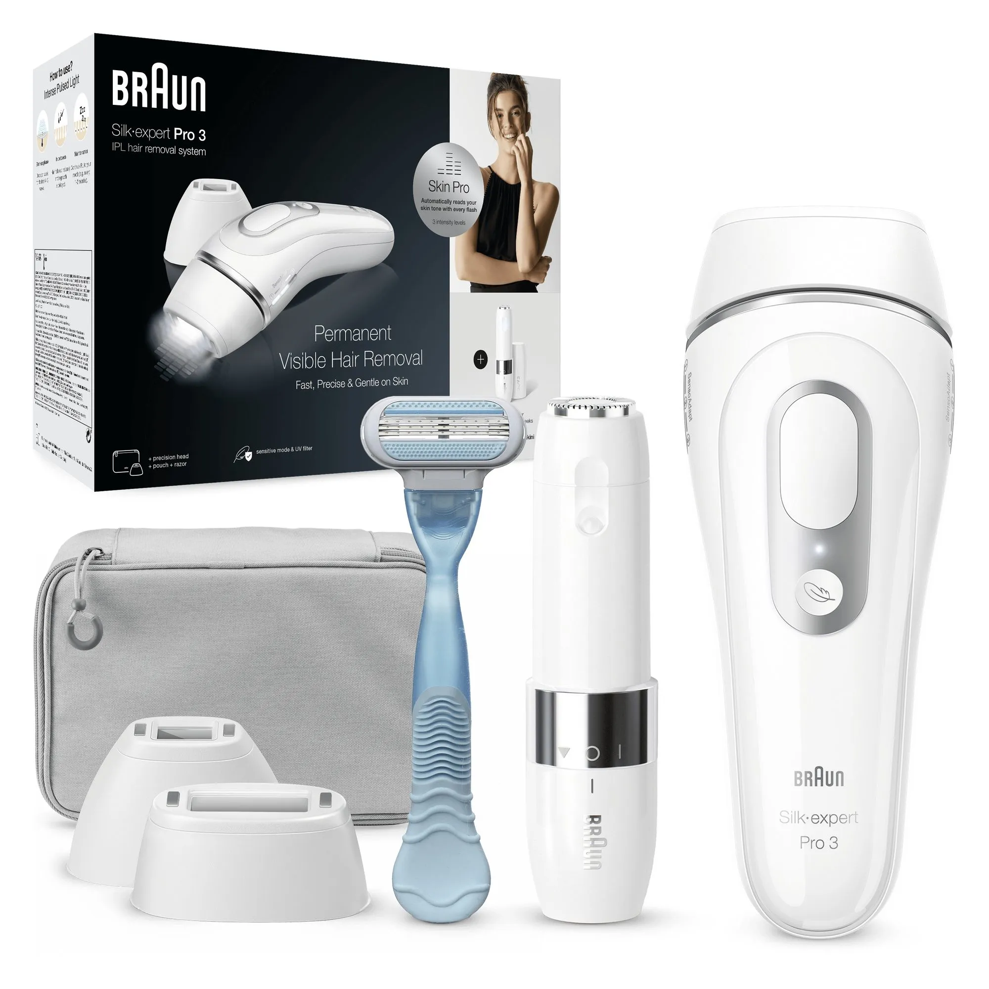 Braun Silk-expert Pro 3 IPL PL3129 - IPL-maskin vit/silver, inkl. p&aring;se + ansiktsh&aring;rborttagare + Gillette Venus Smooth