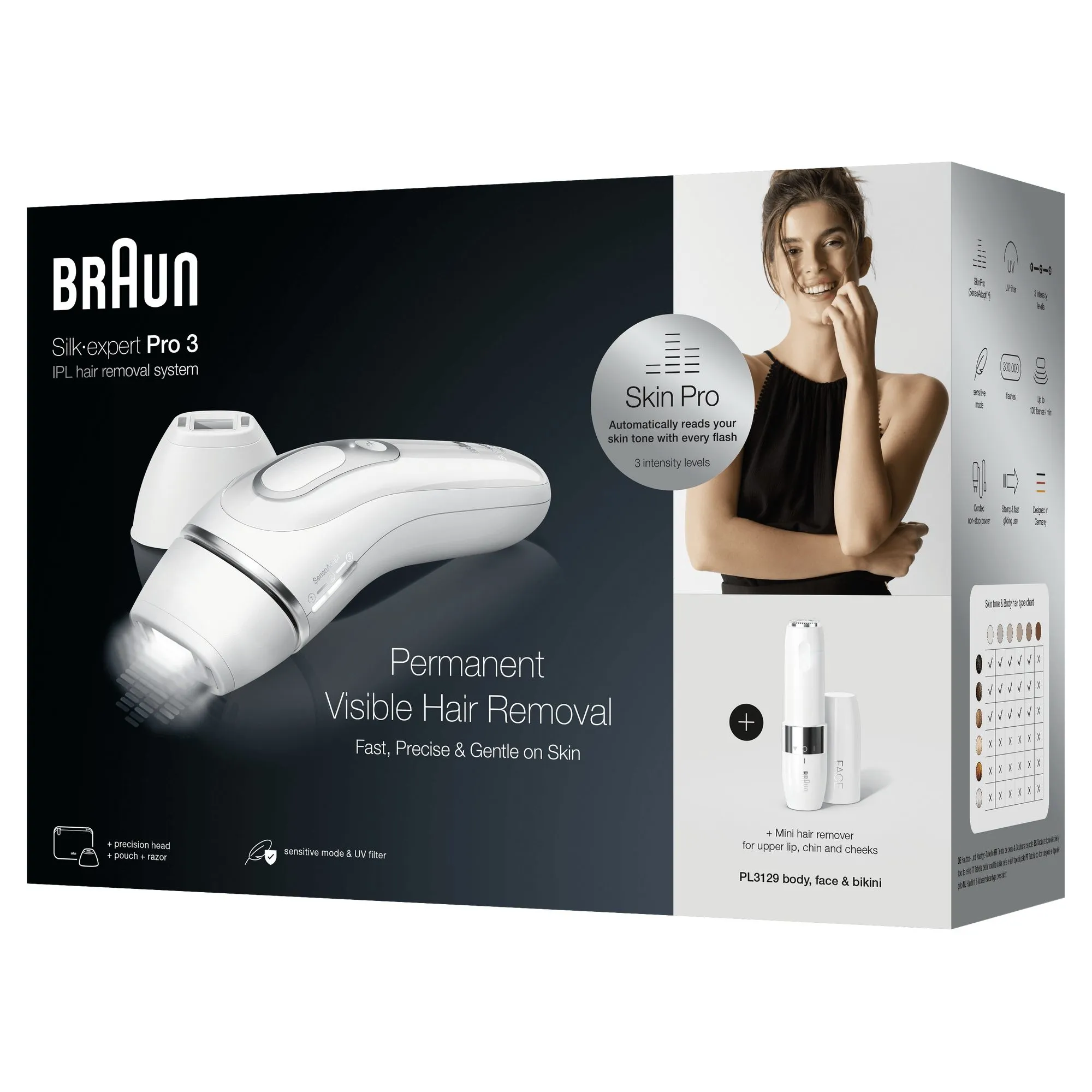 Braun Silk-expert Pro 3 IPL PL3129 - IPL-maskin vit/silver, inkl. p&aring;se + ansiktsh&aring;rborttagare + Gillette Venus Smooth