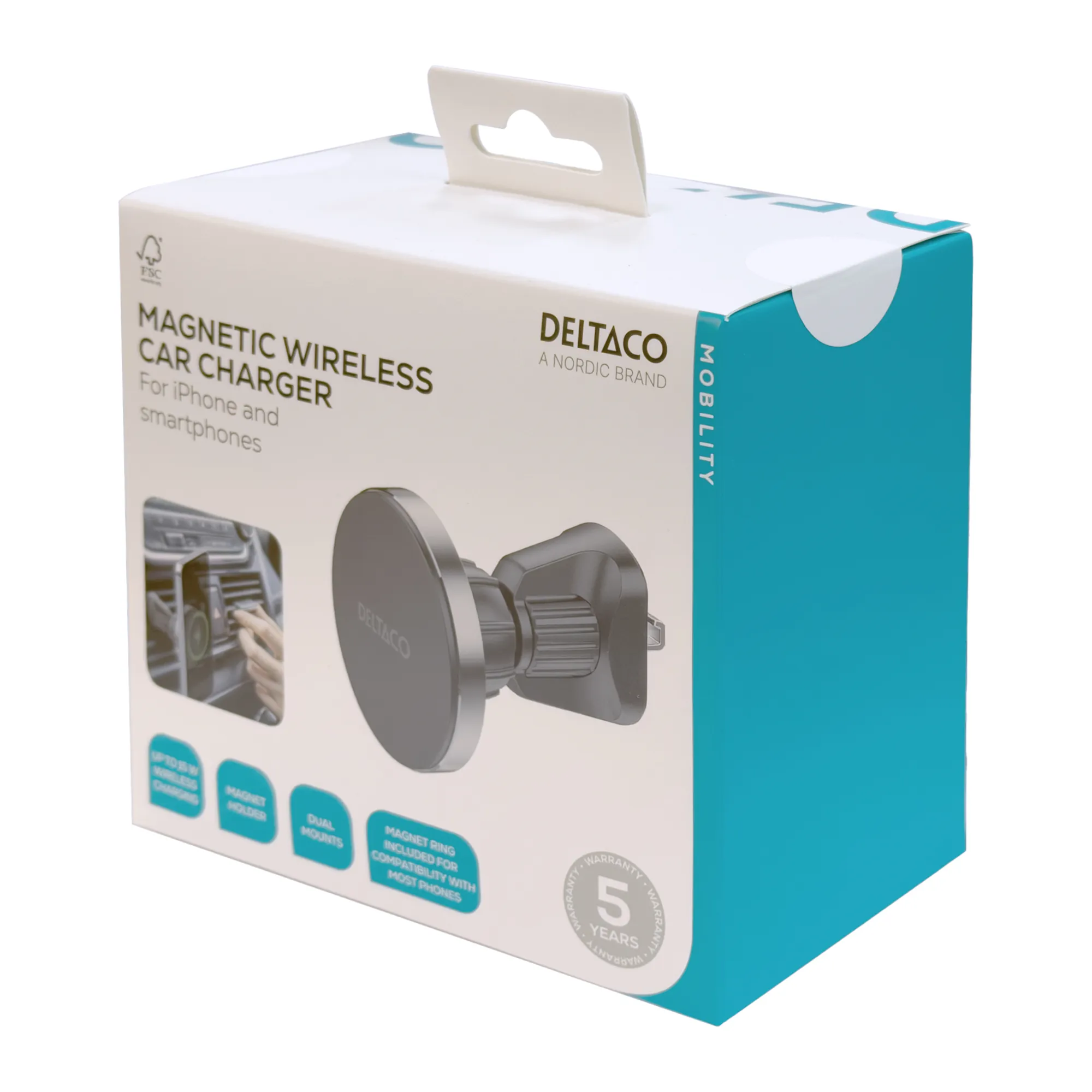 DELTACO QI-C1000, 15 W, Qi2 - Wireless Car Charger, Black