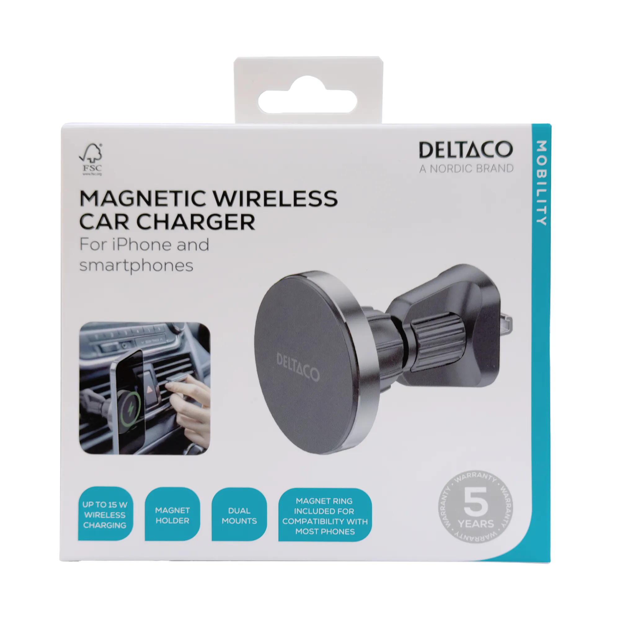 DELTACO QI-C1000, 15 W, Qi2 - Wireless Car Charger, Black
