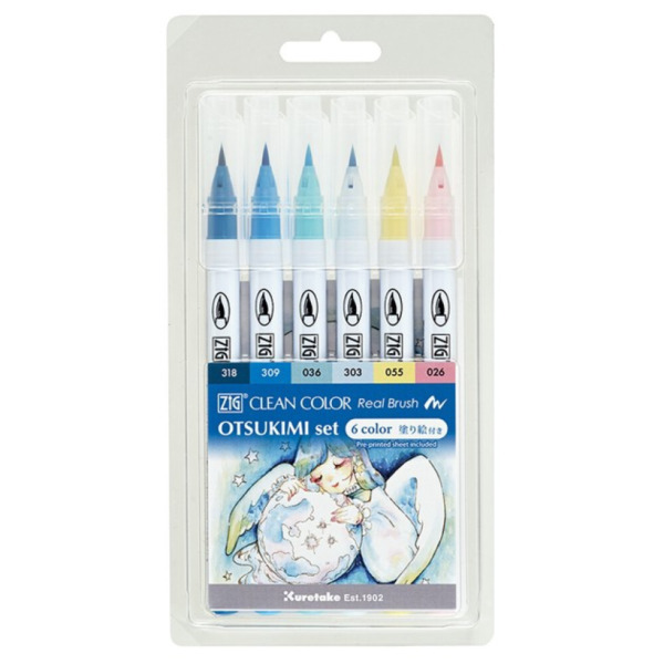 ZIG Clean Color Real Brush Pen Otsukimi, - sivellinkyn&auml;, 6 kpl, 026, 036, 055, 303, 309, 318