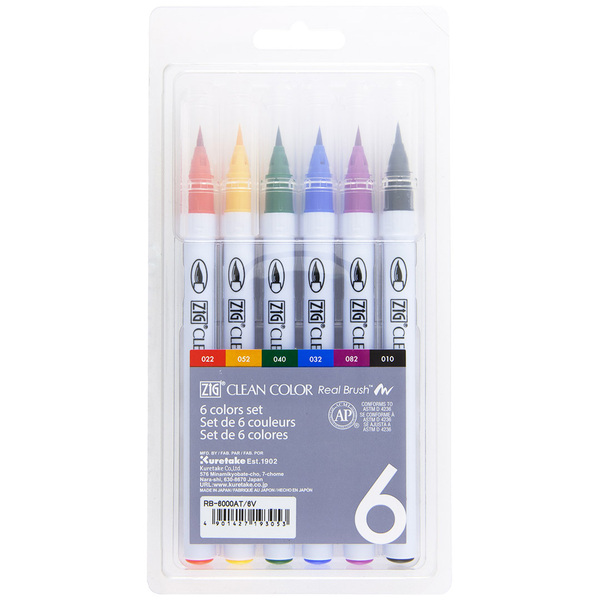 ZIG Clean Color Real Brush Pen Otsukimi, - sivellinkyn&auml;, 6 kpl, 026, 036, 055, 303, 309, 318