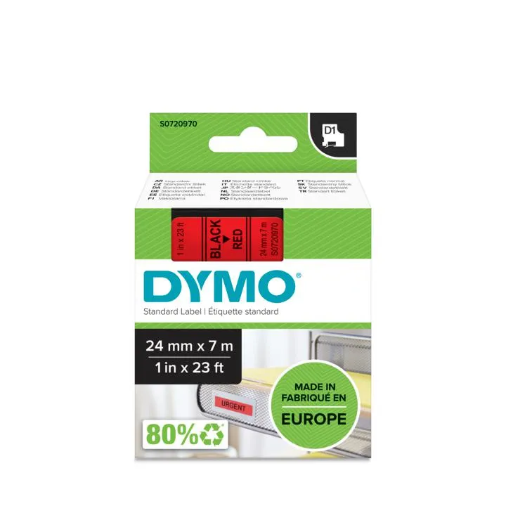 DYMO D1 merkkausteippi, 24mm, punainen/musta teksti, 7m - 53717
