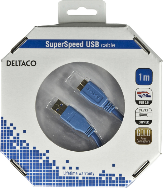 DELTACO USB 3.0 kaapeli Tyyppi A uros - Tyyppi MicroB uros, 1m,sininen