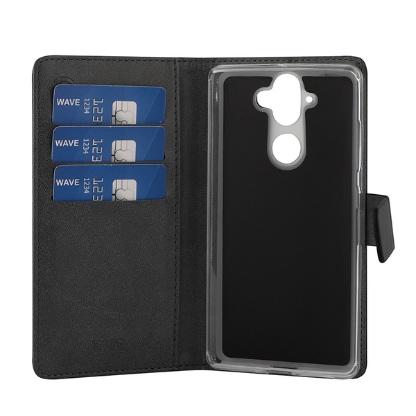 WAVE Book case kotelo RFID-suojauksella, hiilikuitukuvio. Musta t&auml;sm&auml;istuva kotelo Nokia 8 SiroccoS. 3 maksukorttipaikkaa, sek&auml; tasku seteleille. Toimii my&ouml;s te