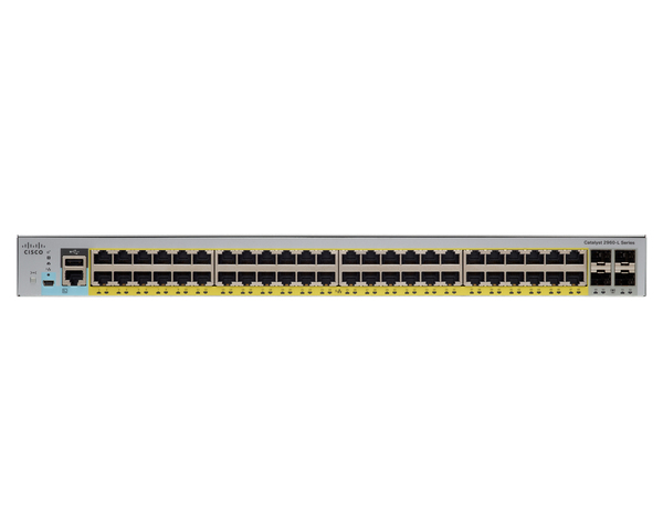 Cisco Catalyst 2960L-48PS-LL - Kytkin - Hallinnoitu - 48 x 10/100/1000 (PoE+) + 4 x Gigabit SFP (uplink) - ty&ouml;p&ouml;yt&auml;, r&auml;kkiin asennettava - PoE+ (370 W)