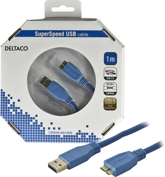 DELTACO USB 3.0 kaapeli Tyyppi A uros - Tyyppi MicroB uros, 1m,sininen