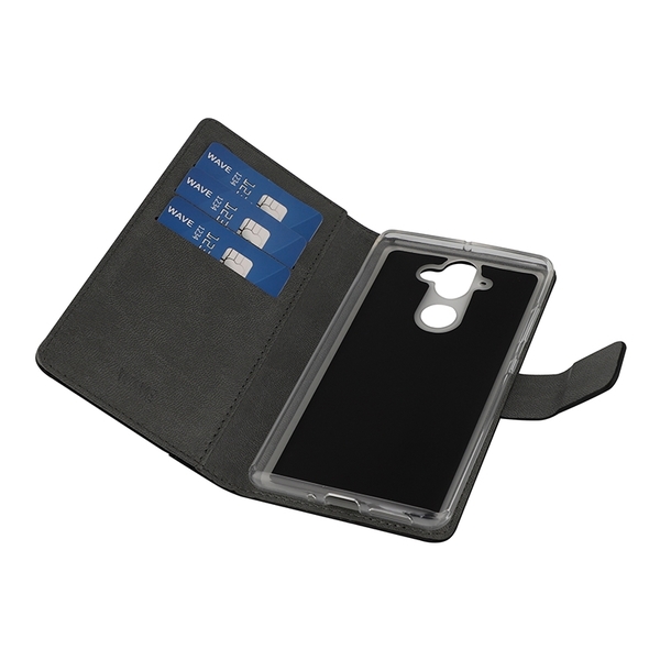 WAVE Book case kotelo RFID-suojauksella, hiilikuitukuvio. Musta t&auml;sm&auml;istuva kotelo Nokia 8 SiroccoS. 3 maksukorttipaikkaa, sek&auml; tasku seteleille. Toimii my&ouml;s te