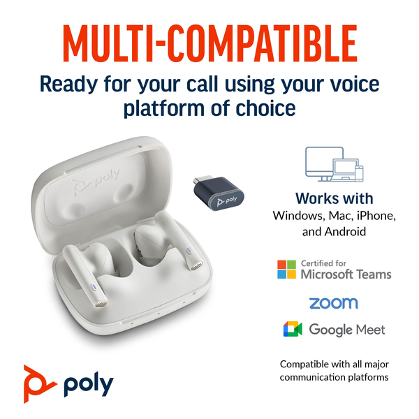 Poly Voyager Free 60 UC Wireless Earbuds, White Sand