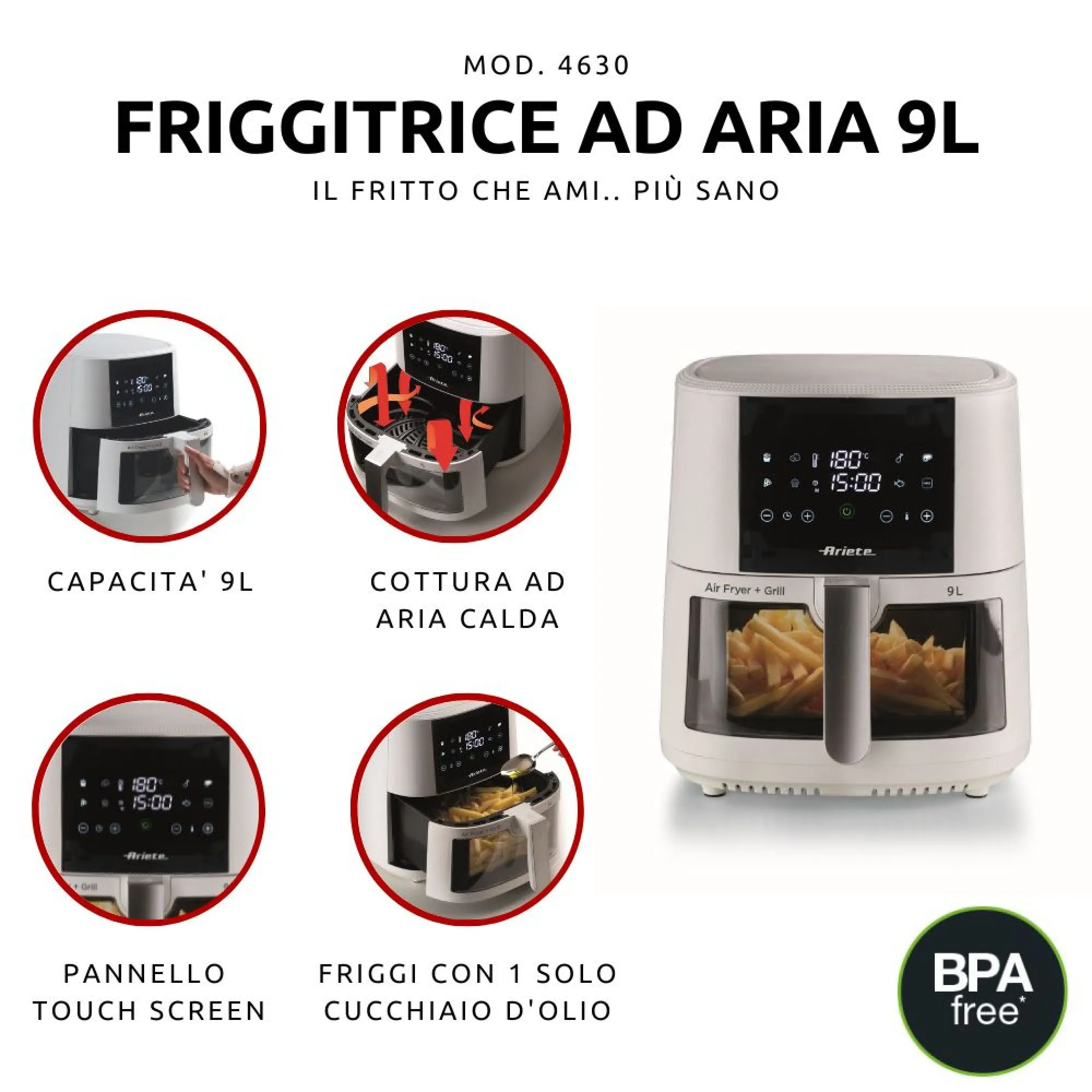 Ariete 4630W, 9L, 3.5 kg, 1500W, air fryer, White