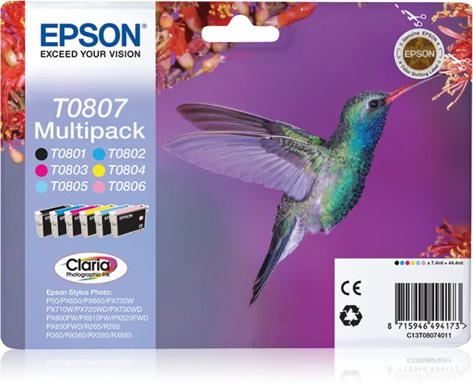 Epson Claria Photographic T0807 Ink cartridge kit, 7.4 ml, Black/Cyan/Light Cyan/Magenta/Light Magenta/Yellow, 6 pcs