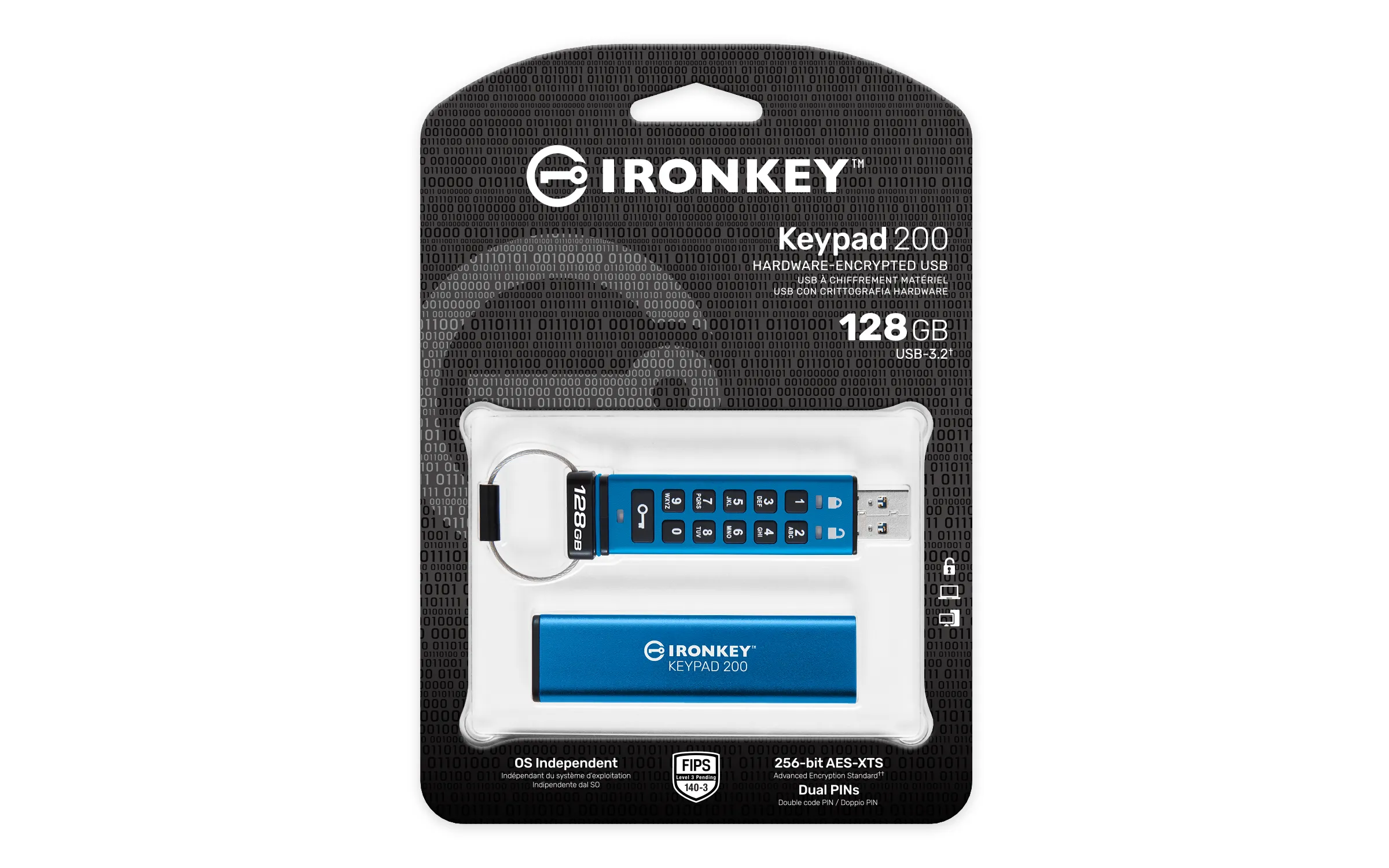 Kingston IronKey Keypad 200, AES-256 128GB USB 3.2 Gen 1x1 - memory stick, Blue