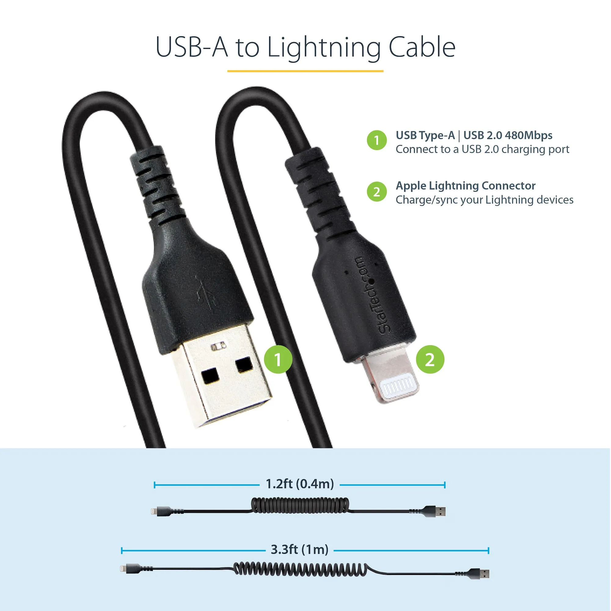 USB TO LIGHTNING CABLE - 1M - (3.3FT) COILED CABLE BLACK