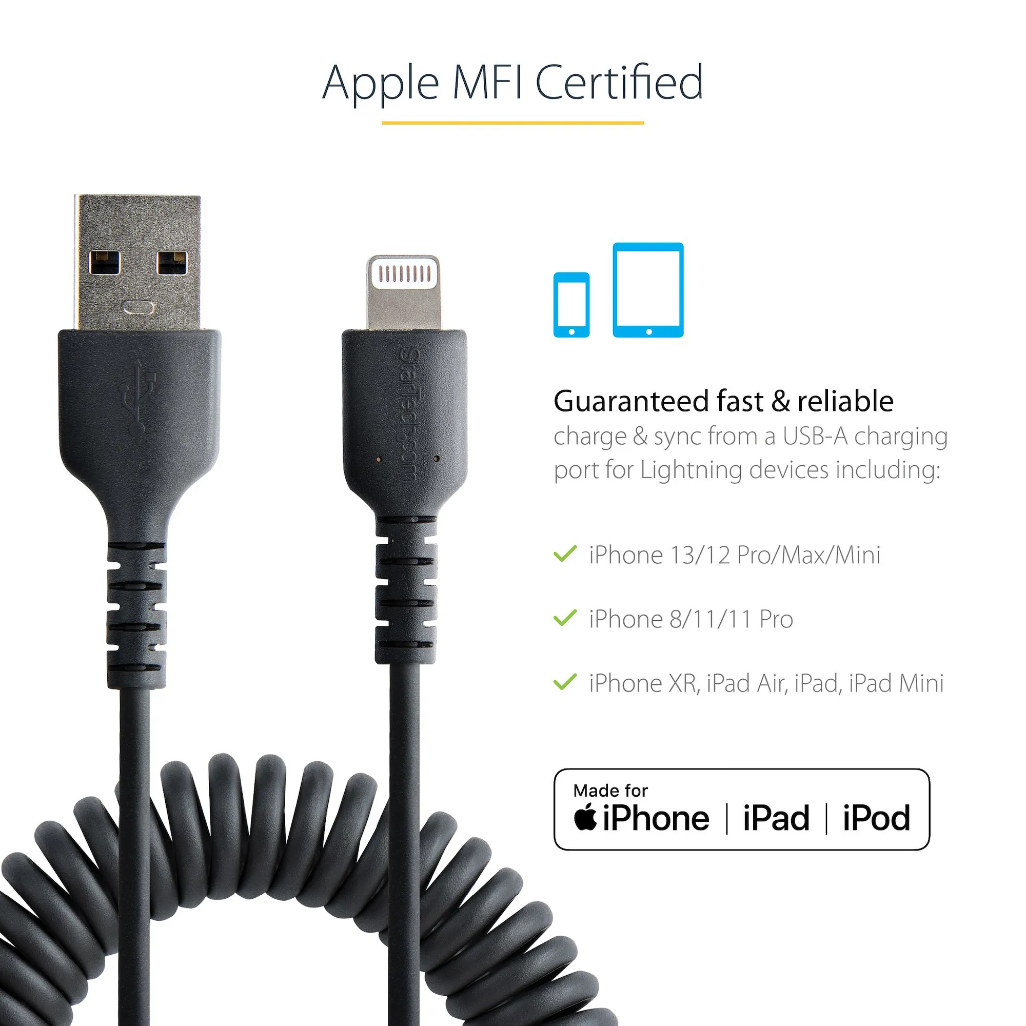 USB TO LIGHTNING CABLE - 50CM - (20IN) COILED CABLE BLACK