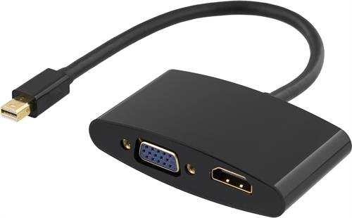 DELTACO mini DisplayPort - HDMI ja VGA-sovitin, 0,25m, musta