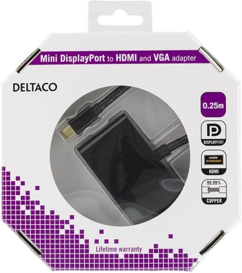 DELTACO mini DisplayPort - HDMI ja VGA-sovitin, 0,25m, musta