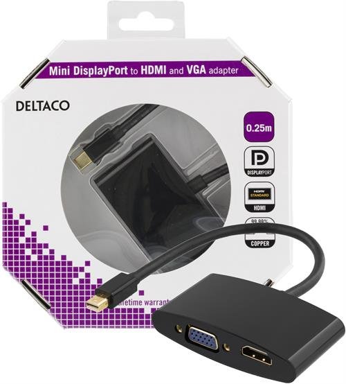DELTACO mini DisplayPort - HDMI ja VGA-sovitin, 0,25m, musta