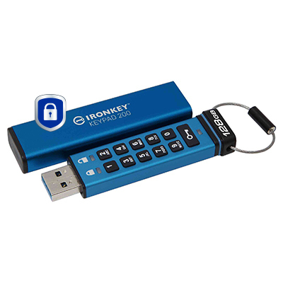 Kingston IronKey Keypad 200, AES-256 128 Gt USB 3.2 Gen 1x1 -muistitikku, Sininen
