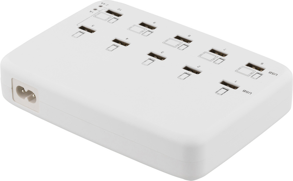 10-porttinen USB-laturi, 100-210V, 5V 1A x10, 5V 2,4A x5, 60W, valk