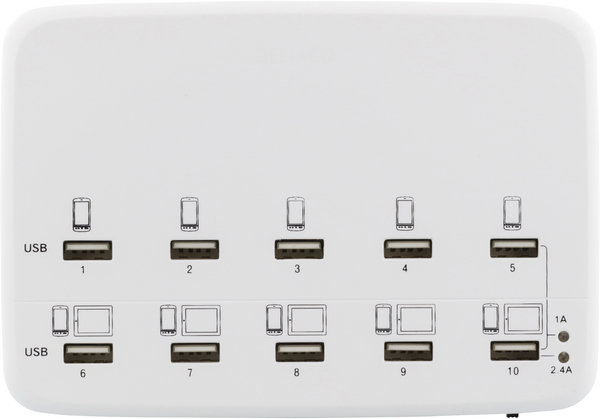10-porttinen USB-laturi, 100-210V, 5V 1A x10, 5V 2,4A x5, 60W, valk