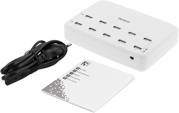 10-porttinen USB-laturi, 100-210V, 5V 1A x10, 5V 2,4A x5, 60W, valk