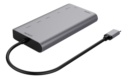 DELTACO USB-C dockningsstation HDMI/DP/RJ45/2xUSB-A/SD PD 3.0 spc grey