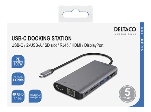 DELTACO USB-C dockningsstation HDMI/DP/RJ45/2xUSB-A/SD PD 3.0 spc grey