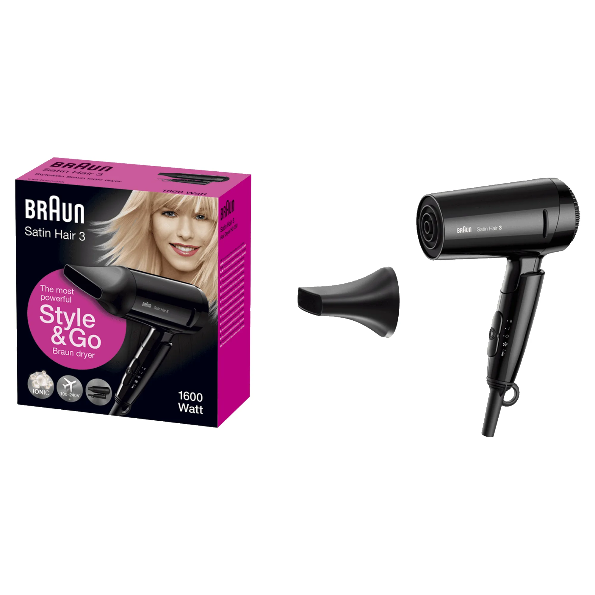 Braun Satin Hair 3 Style&Go HD350 - hair dryer, black