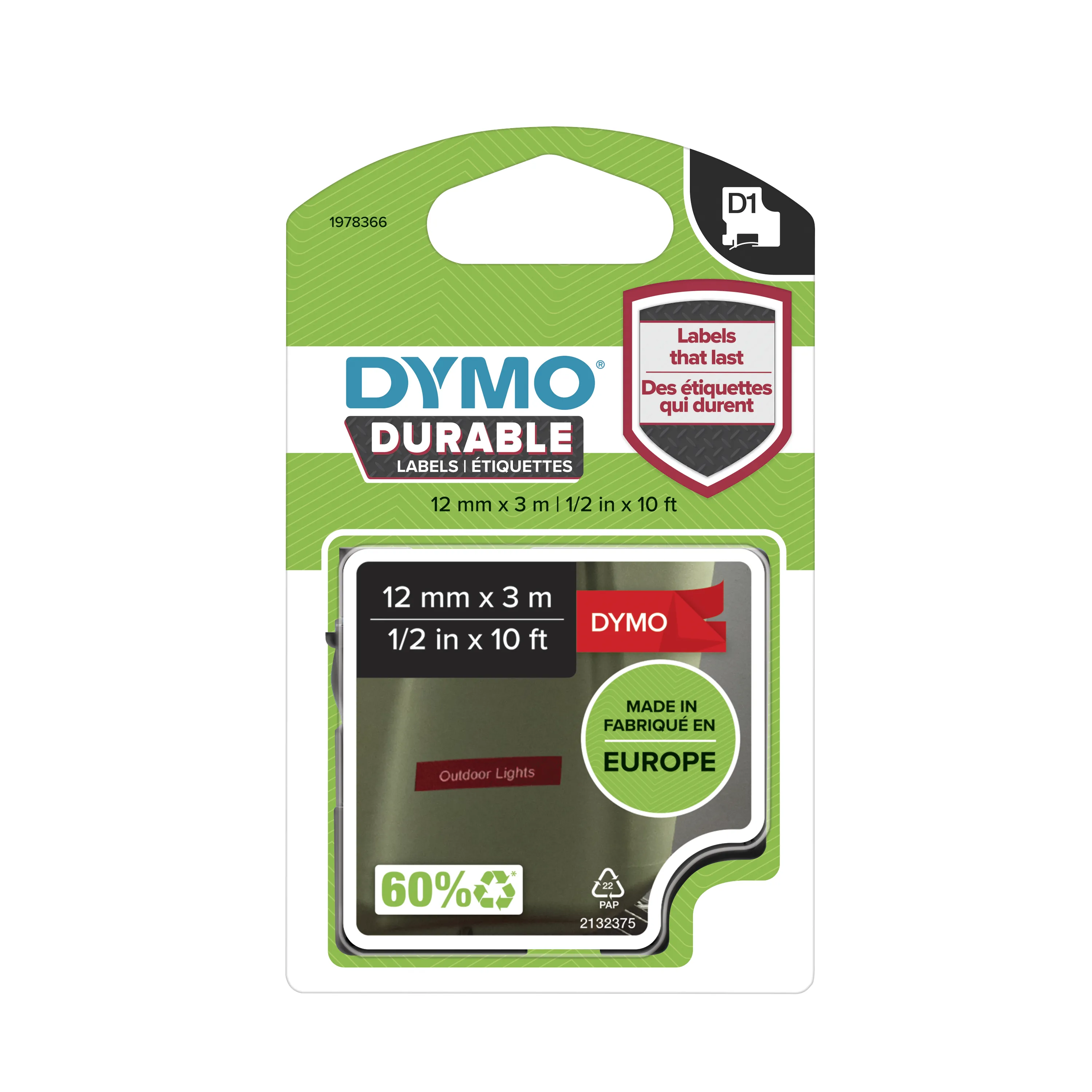 DYMO D1 Durable 12 mm x 3 M, White on Red