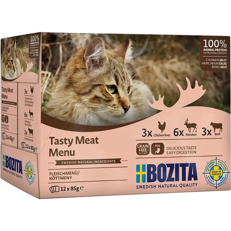 Bozita Tasty Meat Menu Multibox i gel&eacute;, V&aring;tfoder f&ouml;r katt, Adult, Spannm&aring;lsfritt, 12 x 85 g