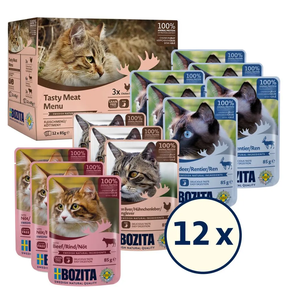 Bozita Tasty Meat Menu Multibox i gel&eacute;, V&aring;tfoder f&ouml;r katt, Adult, Spannm&aring;lsfritt, 12 x 85 g