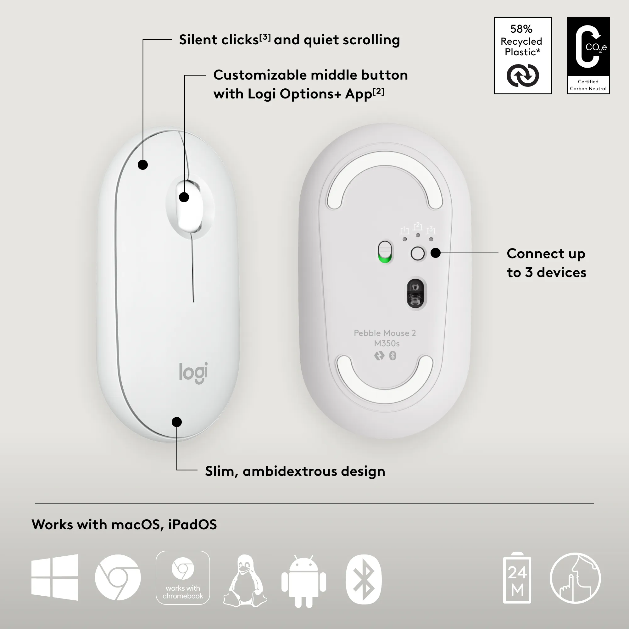 Logitech Pebble Mouse 2 M350s tr&aring;dl&ouml;s mus, vit