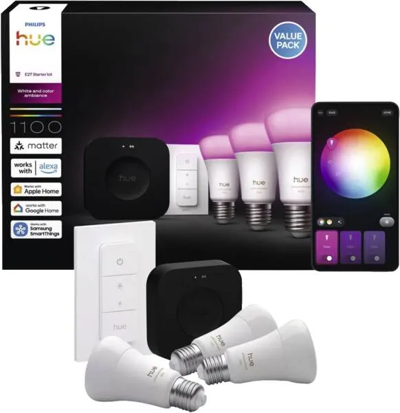 Philips Hue White and Color Ambiance -aloituspakkaus - 3 x E27 LED, himmennin ja Hue Bridge Pro