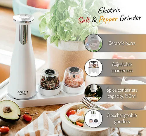 Adler AD 4449W Electric Salt and Pepper Grinder Set - Matte White
