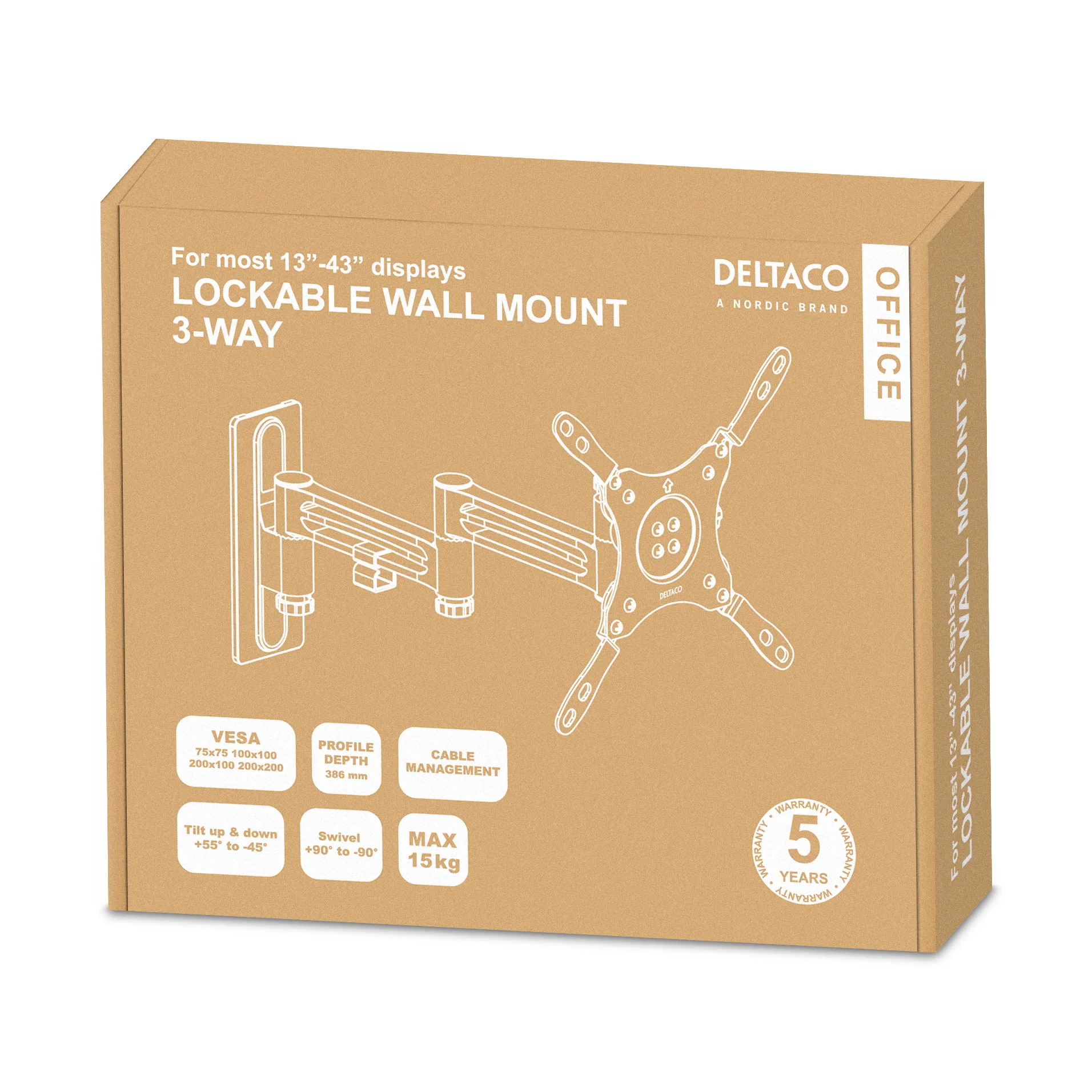 DELTACO Office Lockable 3-way Monitor Mount,13"-42",15kg,75x75-200x200