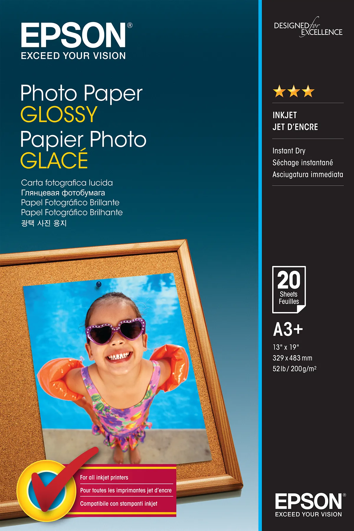 Epson - Kiilt&auml;v&auml; - A3 Plus (329 x 483 mm) - 200 g/m&sup2; - 20 arkki (arkit) valokuvapaperi malleihin Expression Photo HD XP-15000, XP-960, SureColor SC-P405, T7200,