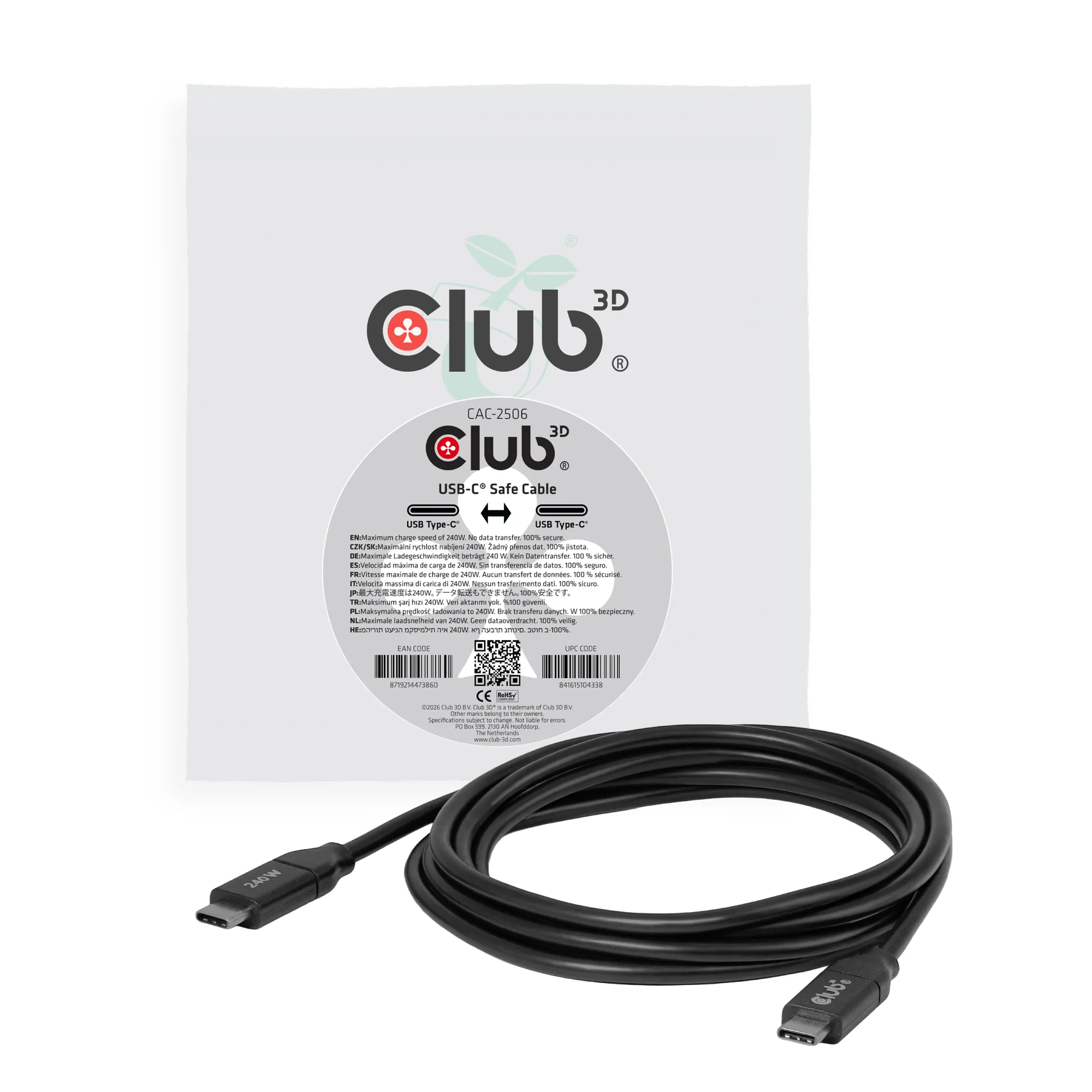 Club 3D CAC-2506 USB-C cable, 240W, 2 m, Black