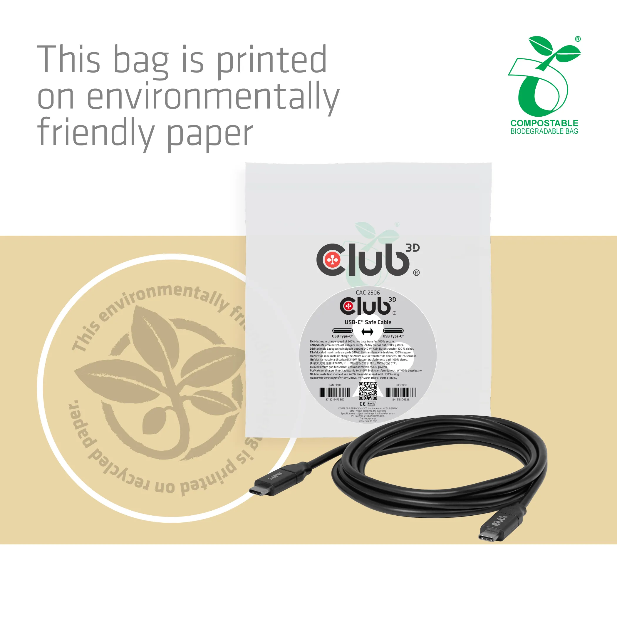 Club 3D CAC-2506 USB-C cable, 240W, 2 m, Black