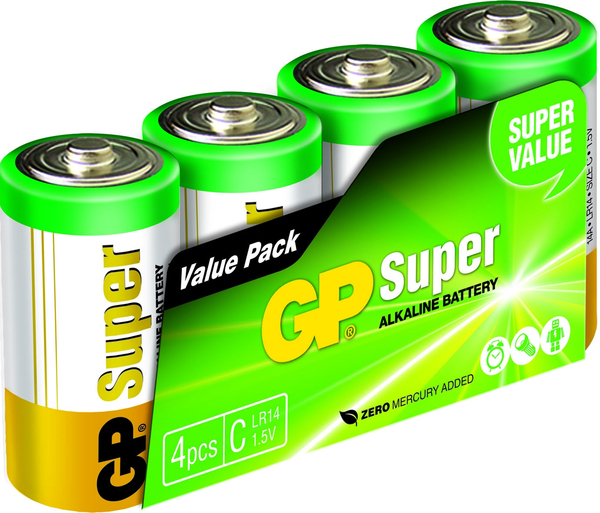 GP Super Alkaline Battery, Size C, LR14, 1.5V, 4-pack