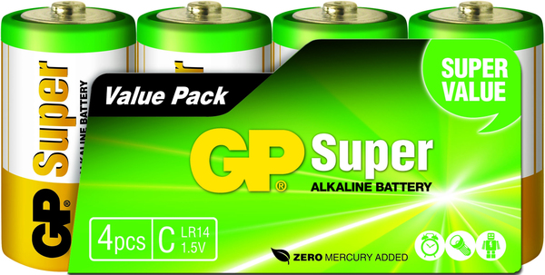 GP Super Alkaline Battery, Size C, LR14, 1.5V, 4-pack