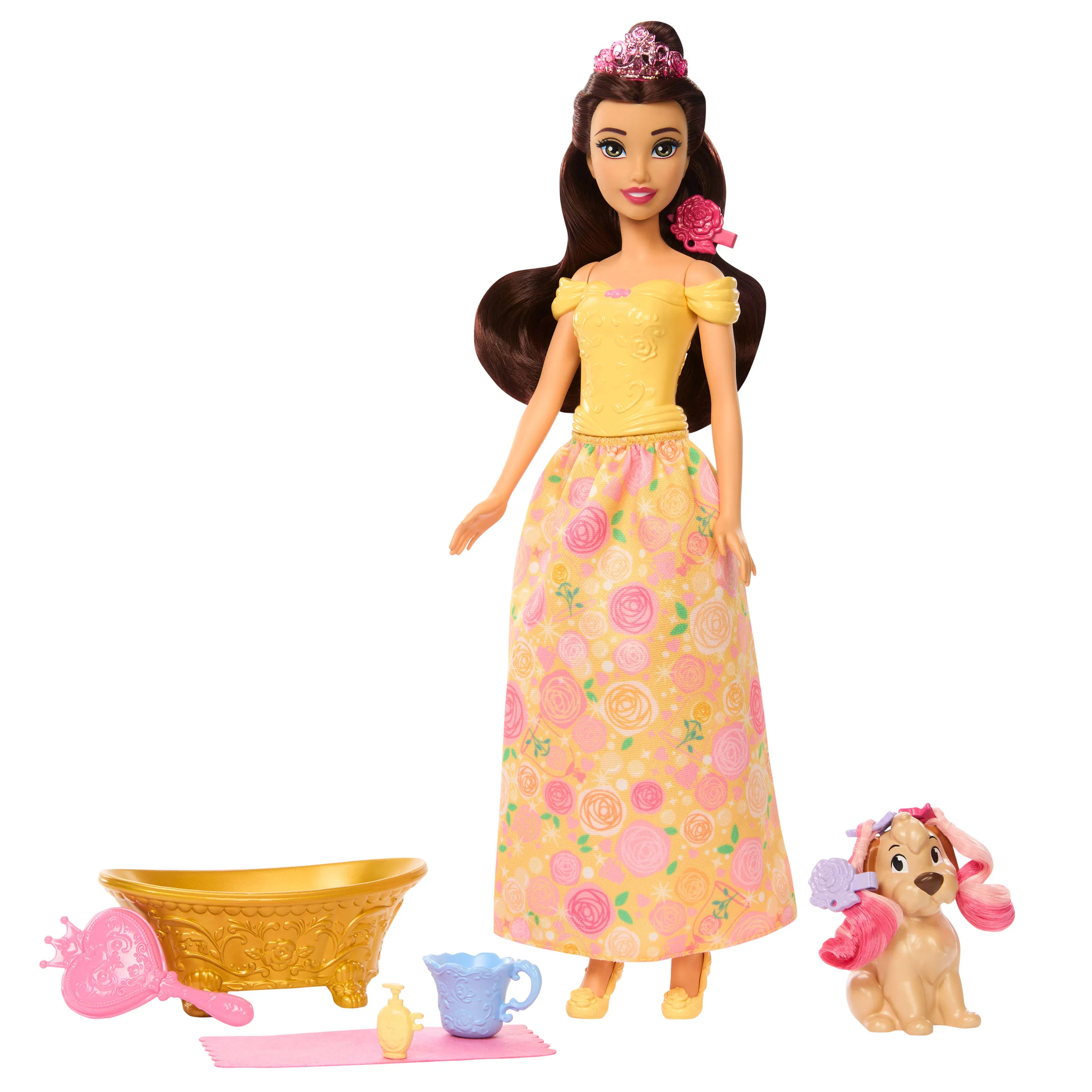 Mattel Disney Princess Bathing and Brushing Belle Fashion Doll with Color-Change Puppy and Accessories